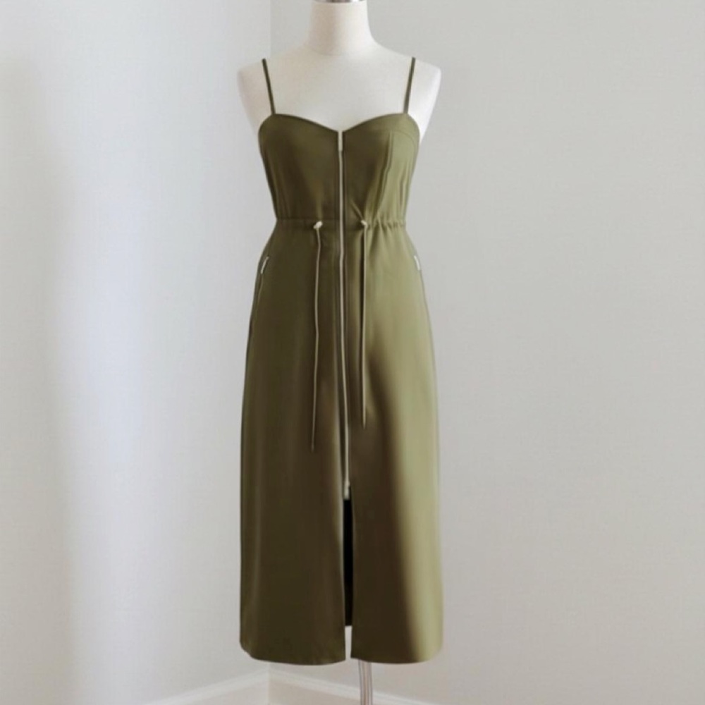 NWT Future Collective Olive Green Nylon Zip-Front Midi Dress Size Small